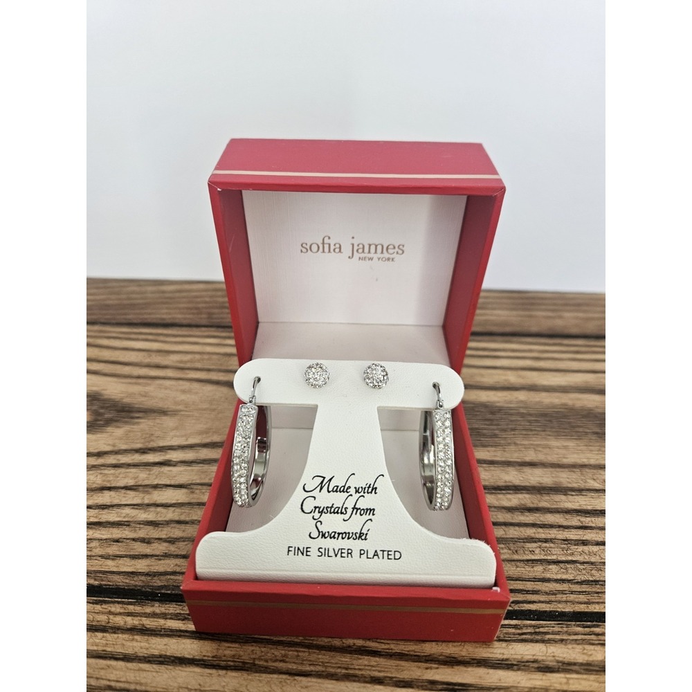Sofia James NY Earring Set Swarovski Crystals Fine Silver Plated Hoops Studs NIB